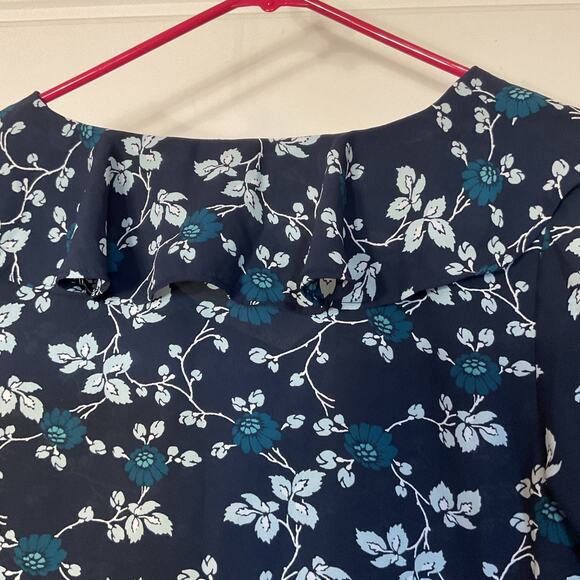 Loft Navy Floral Ruffle Panels on Neck Collar & Cuffs Blouse Petite M - Picture 4 of 7